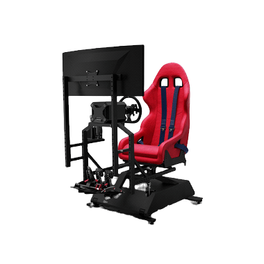 Red racing simulator cockpit with monitor
