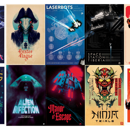 Retro gaming posters: The Third Paradox, Captain Rogue, Laserbots, Race to the Nebula, Runaway Train, North of Osiris, Alien Abduction, Vapor of Escape, Ninja Trials, Dragon Quest