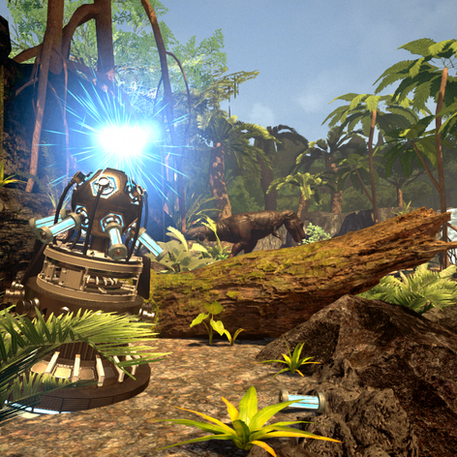 Glowing device in tropical VR escape game