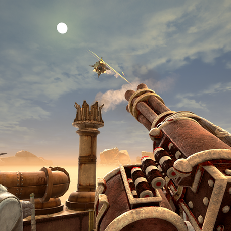 Firing steampunk cannon in desert VR game