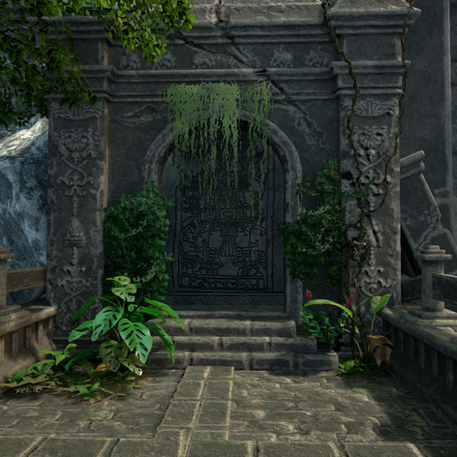 Overgrown stone archway entrance to temple