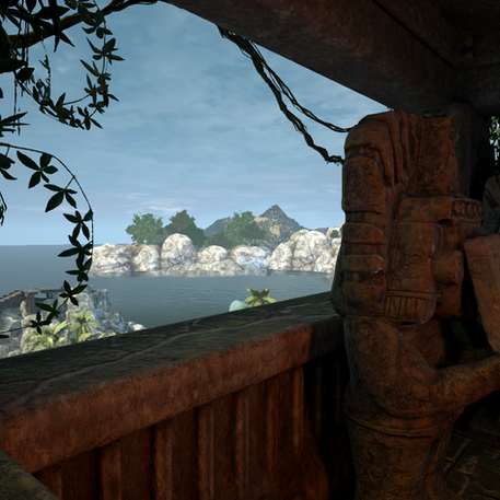 Wooden structure overlooking islands; carved statue