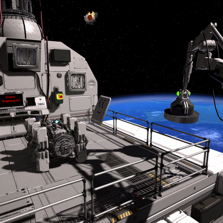 Space station exterior view with robotic arm